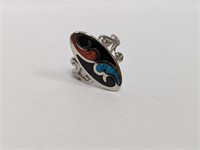 .925 Sterling Oblong Turquoise/Coral Ring Sz 7