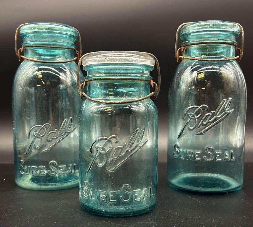 3 Antique Aqua Ball Sure Seal Fruit Jars 2 1/2