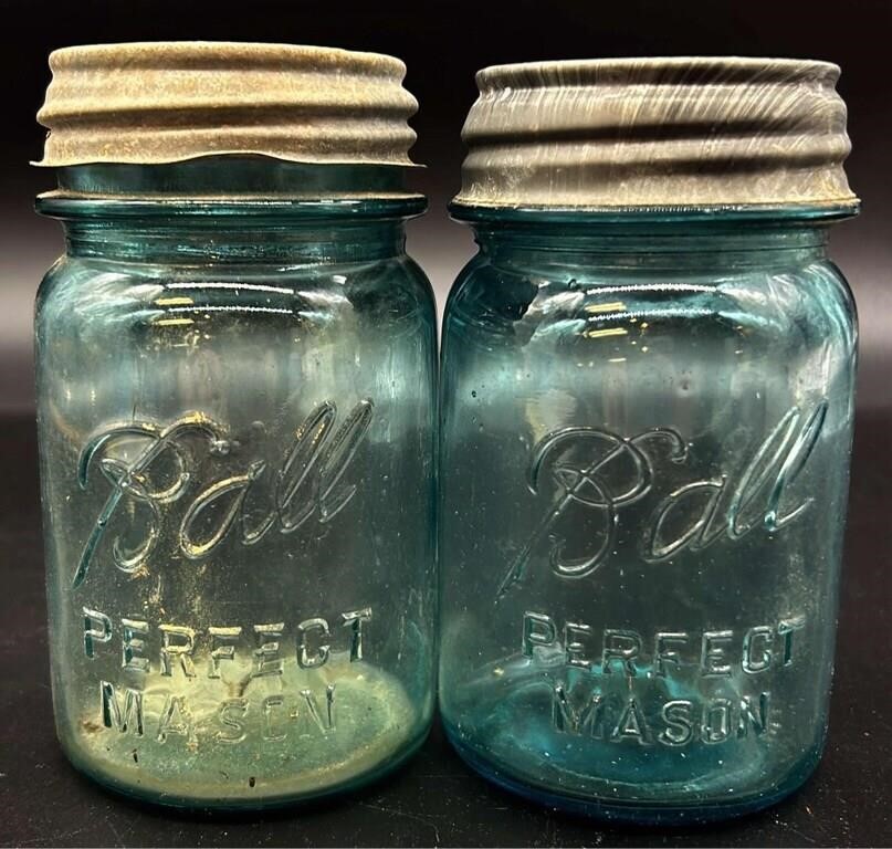 2 Antique Pint Ball Aqua Fruit Jars