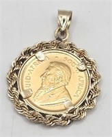 1984 1/10 Krugerrand Gold Coin in 14K Gold Pendant
