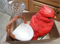 Cardinal Cookie Jar, Ceramic Basket, Glass Vase