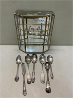 ANTIQUE BRASS DISPLAY WITH SILVER PLATE SPOONS