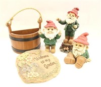 Resin Garden Gnomes, Wooden Half Bucket & Stone