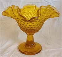 Yellow glass hobnail ruffled footed bowl