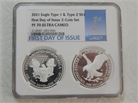 2021 W Silver Eagle First Day Issue 2 Coins PF70
