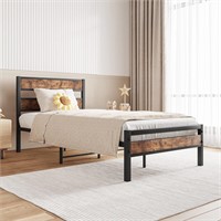 Metal Bed Frame with Wood Headboard