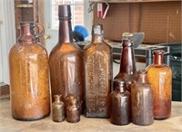 Antique Brown Amber Glass Bottles - Mixed Lot