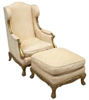 (2) LOUIS XV STYLE WINGED BACK BERGERE & FOOTSTOOL