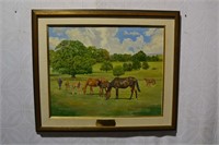 Thoroughbreds in a landscape, framed oil on canvas