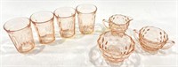 Pink Depression Glass Cups, Pitcher & Bowl