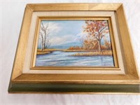 Fall scenic oil on canvas by Yaeger, Double