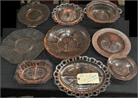 9 pc large pink depression glass bowls platters