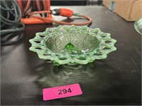Ornate Green Depression Glass Dish 8D X 2H