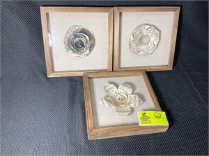 GROUP OF THREE FRAMED FLOWERS MADE FROM BOOKS OR M