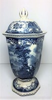 Unusual lidded flow blue vase with mark