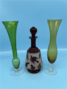 2 Glass Bud Vases And Ruby Glass Decanter