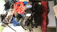 Camo clothes sets size large, hats, backpacks,
