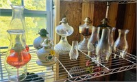 oil lamps and assorted chimneys etc