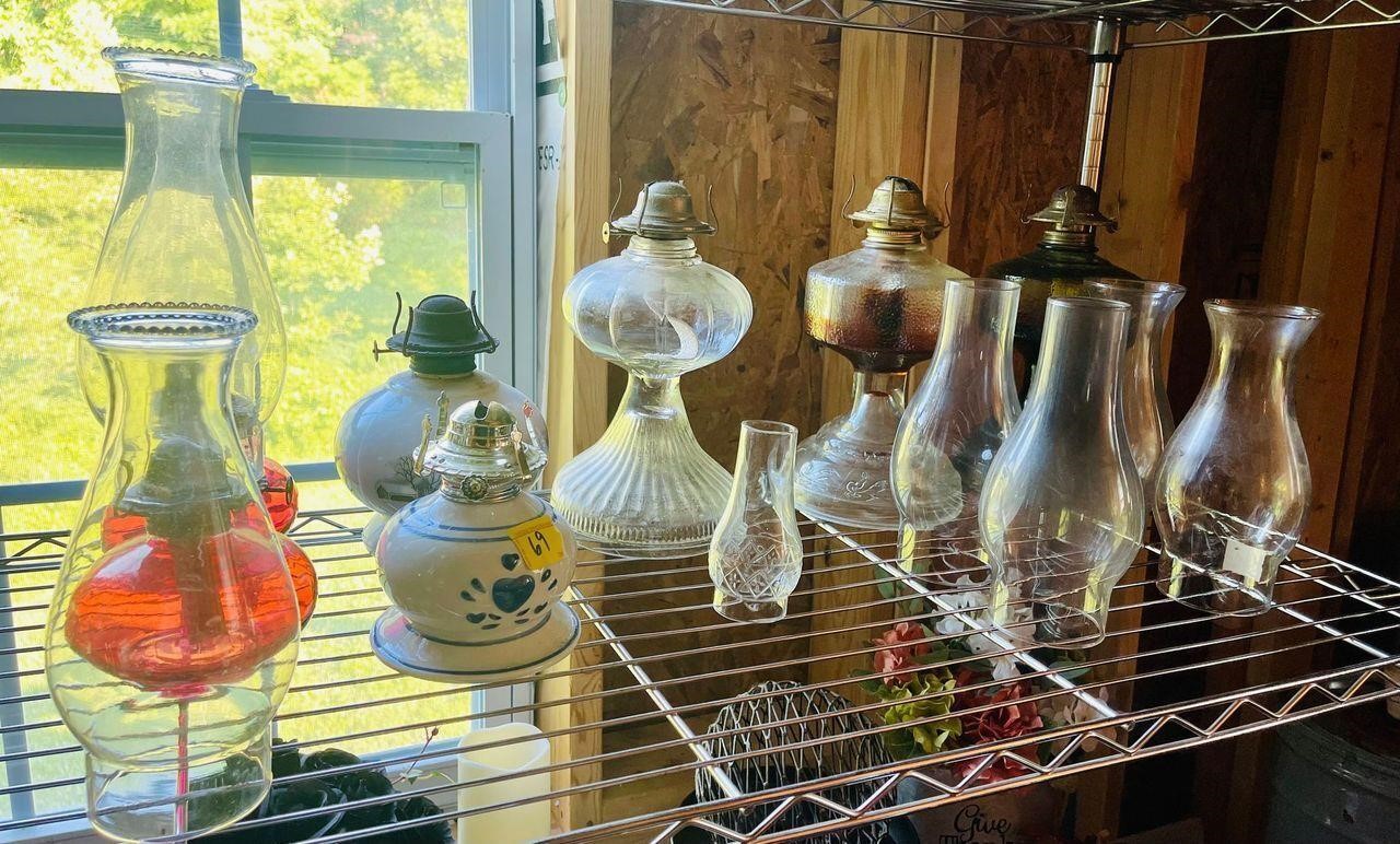 oil lamps and assorted chimneys etc