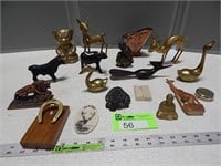 Brass and wooden statues, mini coal bucket and Ala