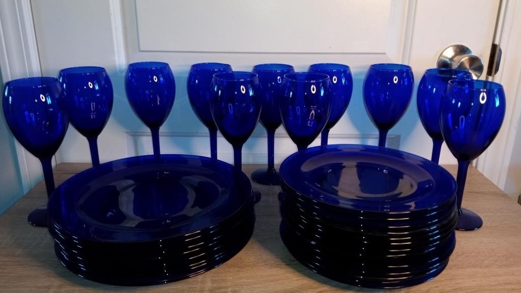 Blue Plates, Dessert Plates, & Stemmed Glasses