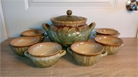 Pottery Soup Tureen & Bowls