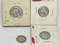 Four Silver Mercury Head Dimes 1929-1942