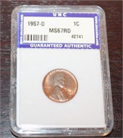 1957 D MS67RD PENNY UNC CERTIFIED