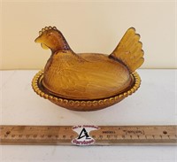 Vintage Amber Glass Chicken on Nest Lidded