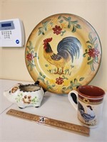 Large Rooster Plate, Rooster Mug, & Pig Planter