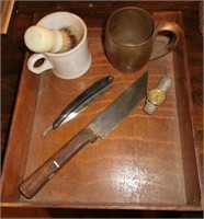 Oak desk tray, hand made knife, straight razor,