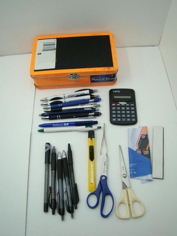 Metal Pencil Box with Contents: Advertising Pens,