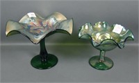 (2) Green Carnival Glass Compotes