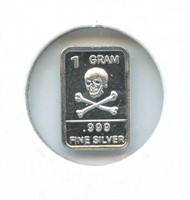 1 gram Silver Ingot - Skull & Crossbones, .999