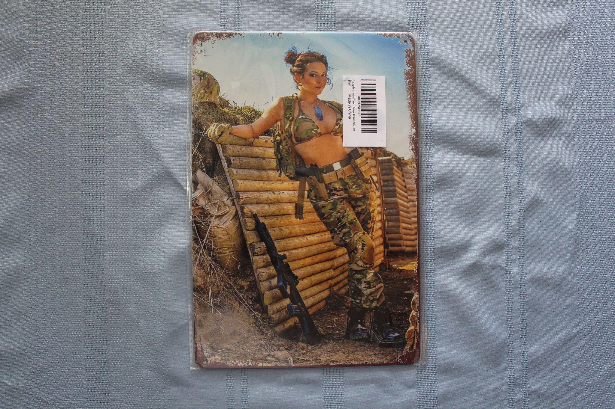 Retro Tin Sign: Camo-dressed Pinup Girl