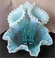 Blue Opalescent Diamond Lace 3 Horn Epergne