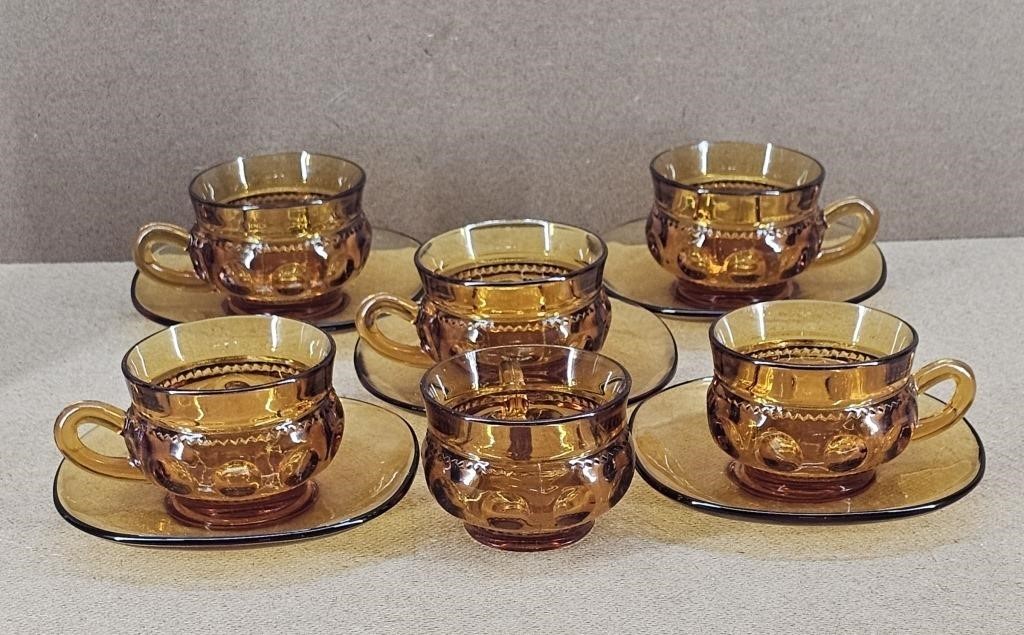 5pc Amber Kings Crown Tea Cup / Saucer Set