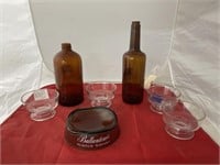 2 Amber Bottles - Ash Tray - Footed Dishes