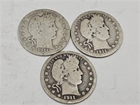 3 Silver 1911 Barber Quarter Coins