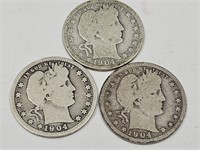 3 Silver Barber 1904 Quarter Coins