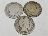 1904 Silver 3 Barber Quarter Coins