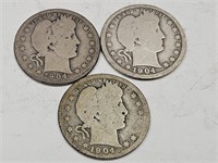 3 Silver Barber 1904 Quarter Coins