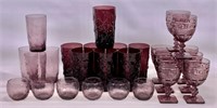 Purple glass: Duncan & Miller goblets / water