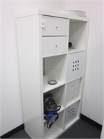 WHITE SHELVING UNIT WITH MISC