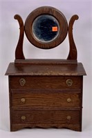 Miniature chest, round mirror back, oak,  3 drawer