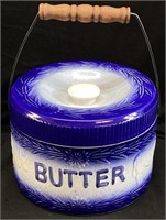 BLUE & WHITE HANDLED BUTTER TUB, 7’’ W