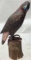 HAND CARVED & DECORATED BIRD ON A STUMP, 10.5’’ H