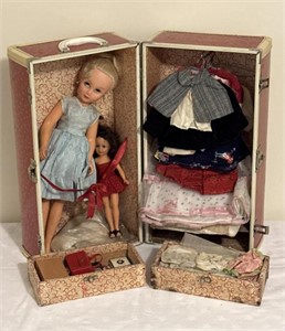 Antique doll closet with accessories and doll