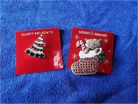 2 Pc Christmas Pins, Cat & Tree