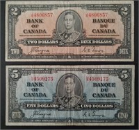 Canadian 1937 Series $2 & $5 Bills
